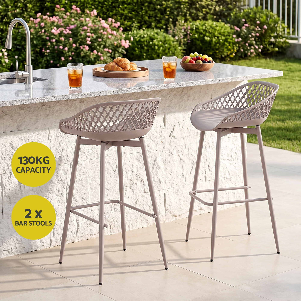 Gardeon 2PC Outdoor Bar Stools Plastic Metal Dining Chair Patio Furniture Coffee Awezingly