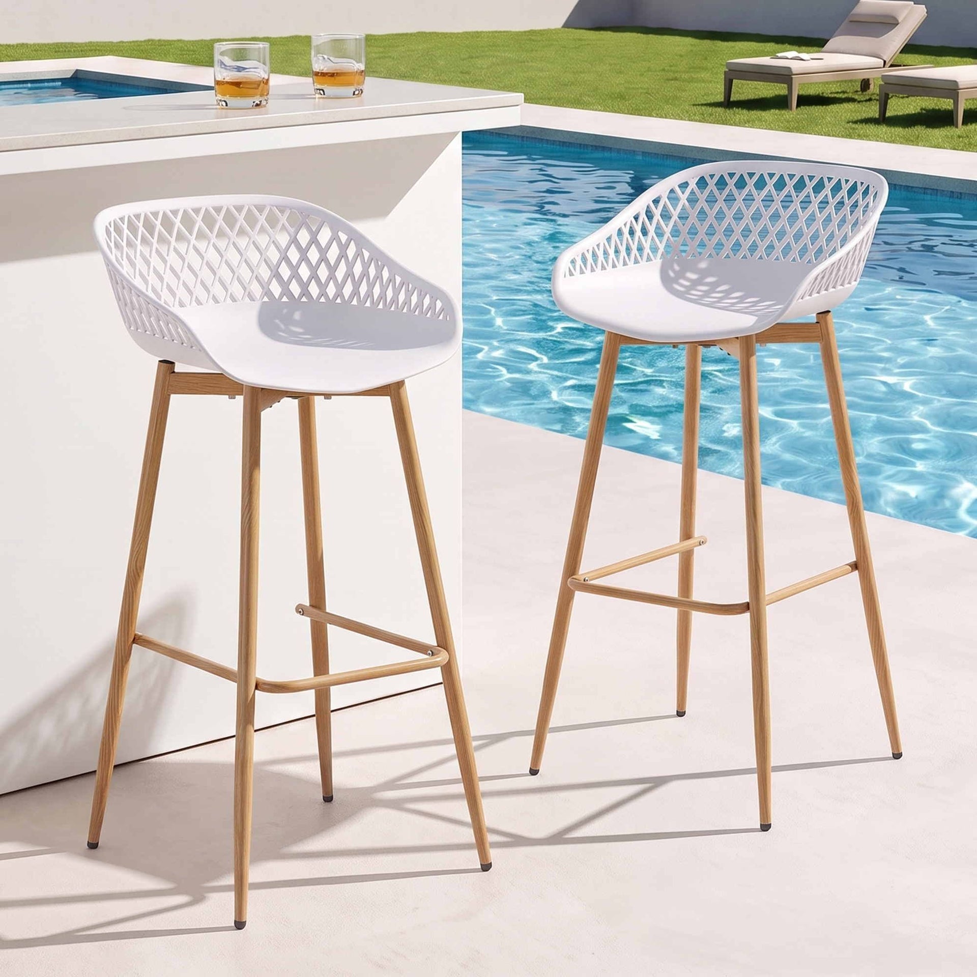 Gardeon 2PC Outdoor Bar Stools Plastic Metal Dining Chair Patio Furniture White Awezingly