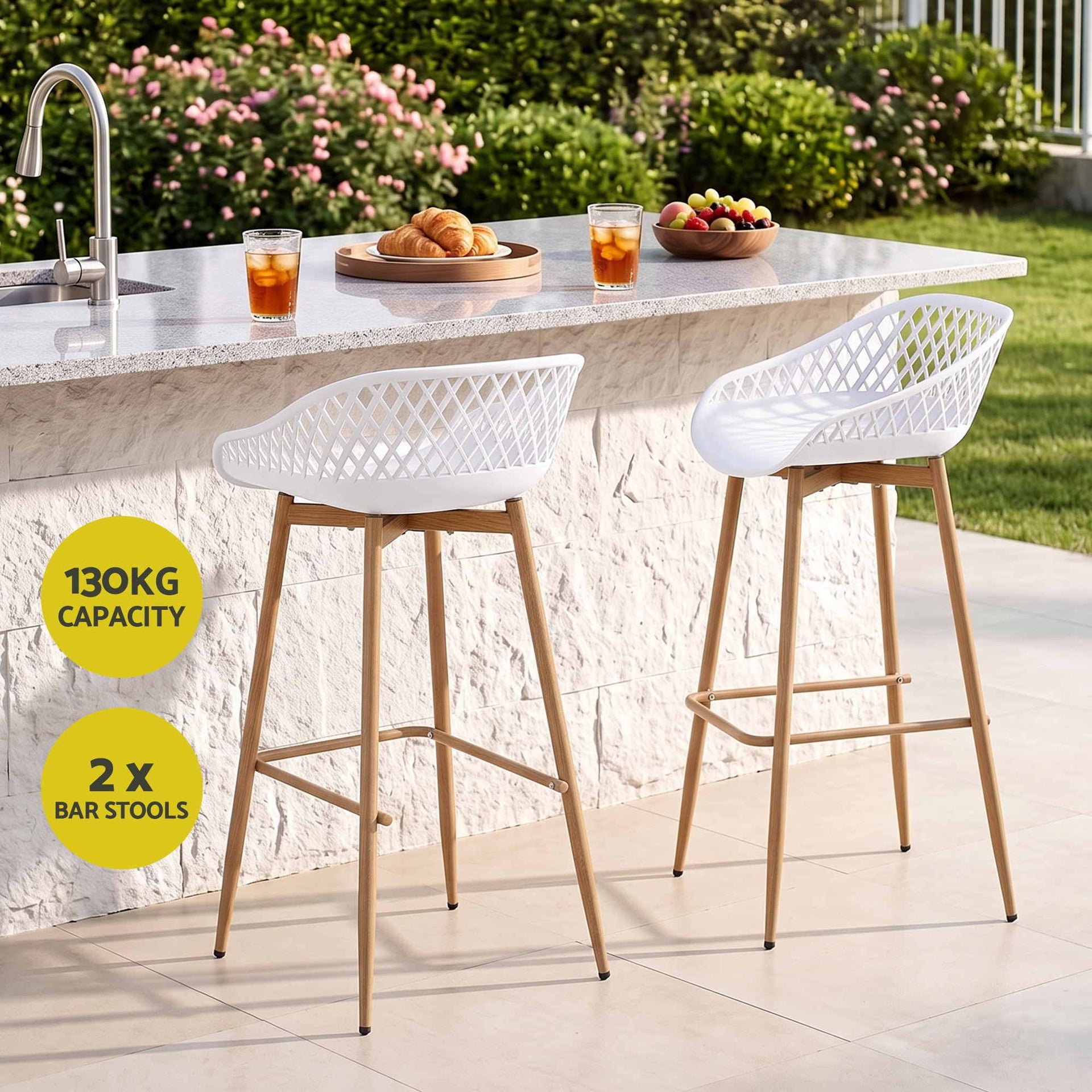 Gardeon 2PC Outdoor Bar Stools Plastic Metal Dining Chair Patio Furniture White Awezingly