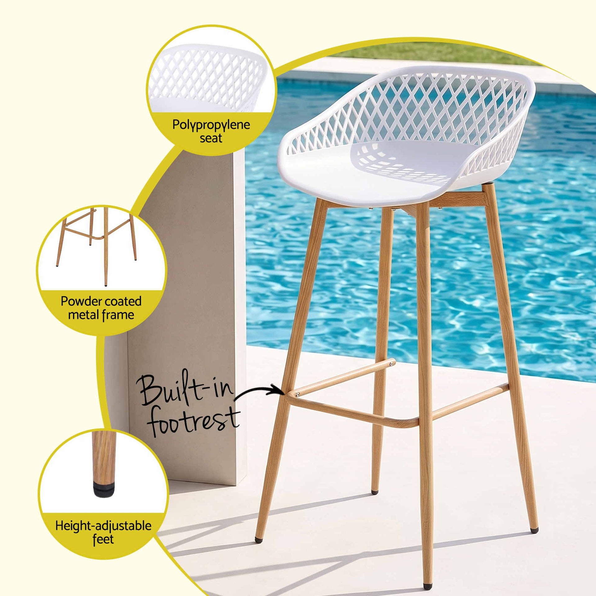 Gardeon 2PC Outdoor Bar Stools Plastic Metal Dining Chair Patio Furniture White Awezingly