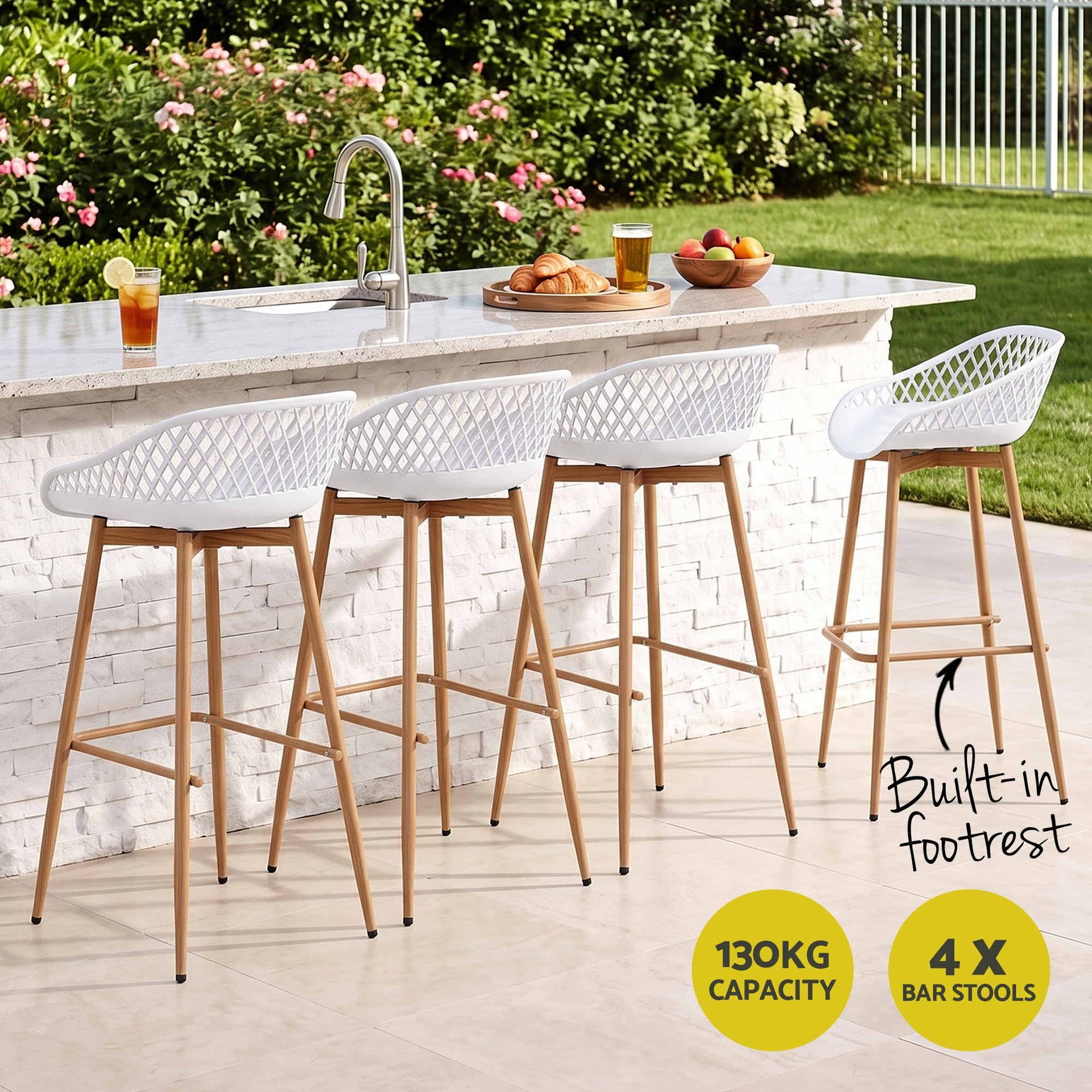 Gardeon 4-Piece Outdoor Bar Stools Plastic Metal Dining Chair Balcony White Awezingly
