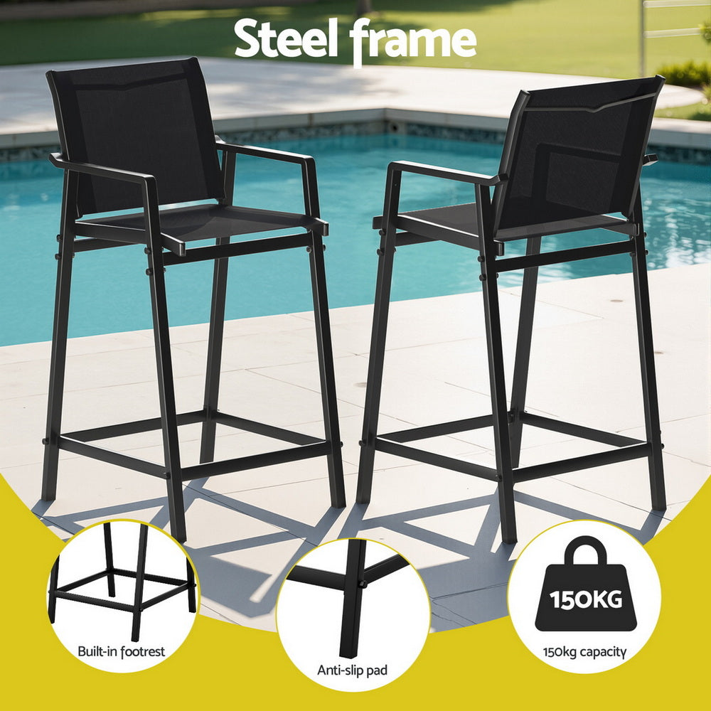 Gardeon 2PC Outdoor Bar Stools Steel Dining Chairs Patio Furniture Garden Black Gardeon