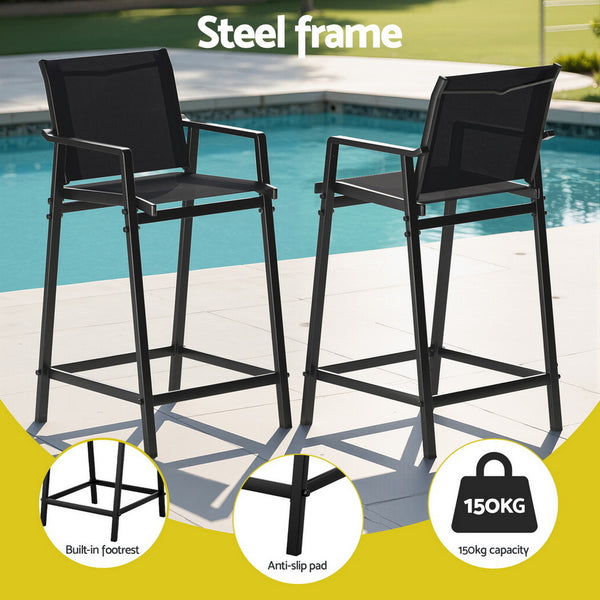 Gardeon 2PC Outdoor Bar Stools Steel Dining Chairs Patio Furniture Garden Black Gardeon