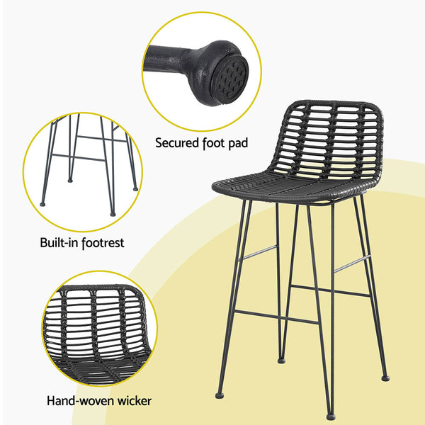 Gardeon 2 Piece Outdoor Bar Stools Wicker Dining Rattan Chair Black Gardeon