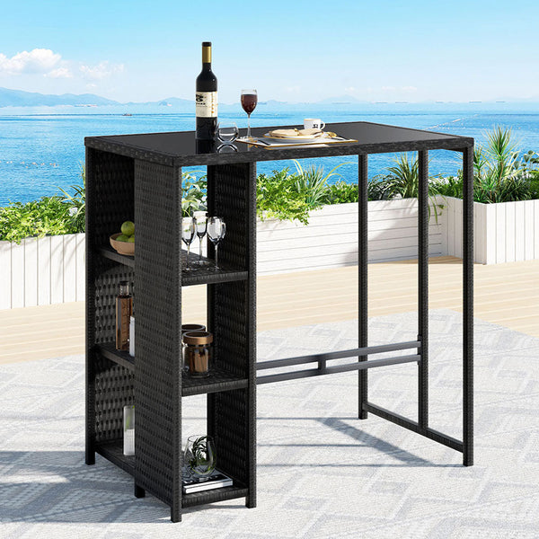 Gardeon Outdoor Bar Table Wicker Dining Bistro Glass Desk Steel Patio Furniture Black Gardeon