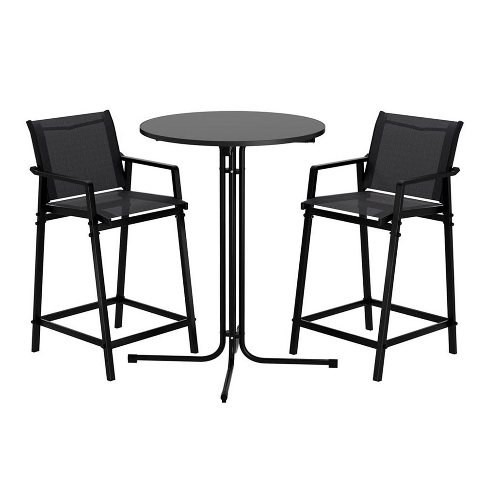 Gardeon 3PC Outdoor Bar Set Stools Dining Chairs Table Patio Furniture Bistro Set Steel Black Gardeon