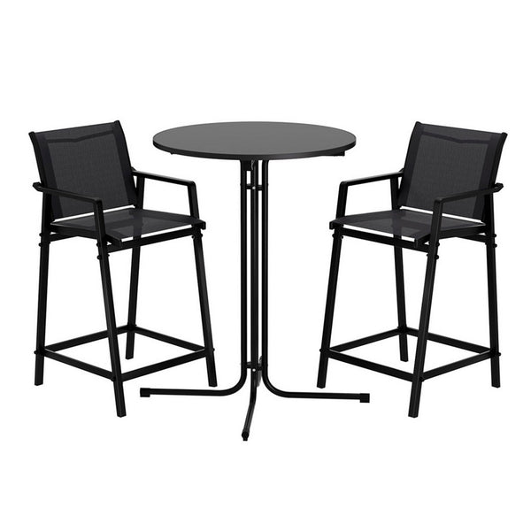 Gardeon 3PC Outdoor Bar Set Stools Dining Chairs Table Patio Furniture Bistro Set Steel Black Gardeon