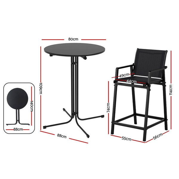 Gardeon 3PC Outdoor Bar Set Stools Dining Chairs Table Patio Furniture Bistro Set Steel Black Gardeon