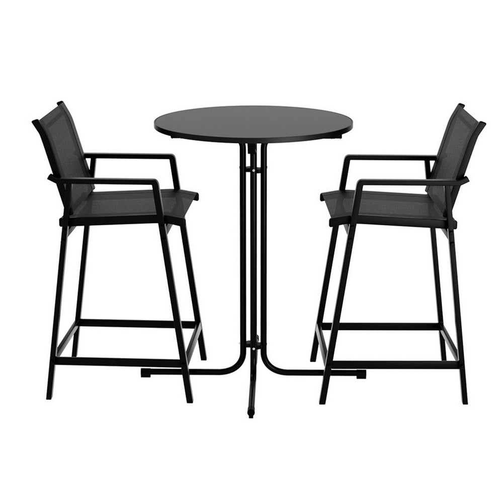 Gardeon 3PC Outdoor Bar Set Stools Dining Chairs Table Patio Furniture Bistro Set Steel Black Gardeon