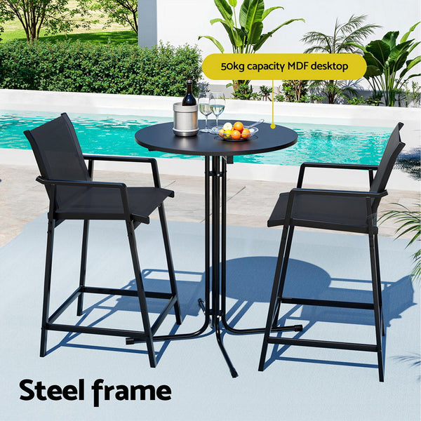 Gardeon 3PC Outdoor Bar Set Stools Dining Chairs Table Patio Furniture Bistro Set Steel Black Gardeon