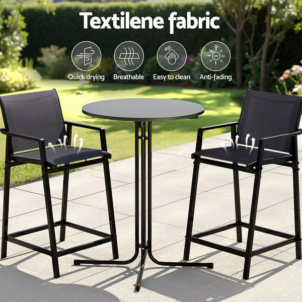 Gardeon 3PC Outdoor Bar Set Stools Dining Chairs Table Patio Furniture Bistro Set Steel Black Gardeon