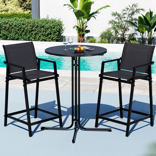 Gardeon 3PC Outdoor Bar Set Stools Dining Chairs Table Patio Furniture Bistro Set Steel Black Gardeon