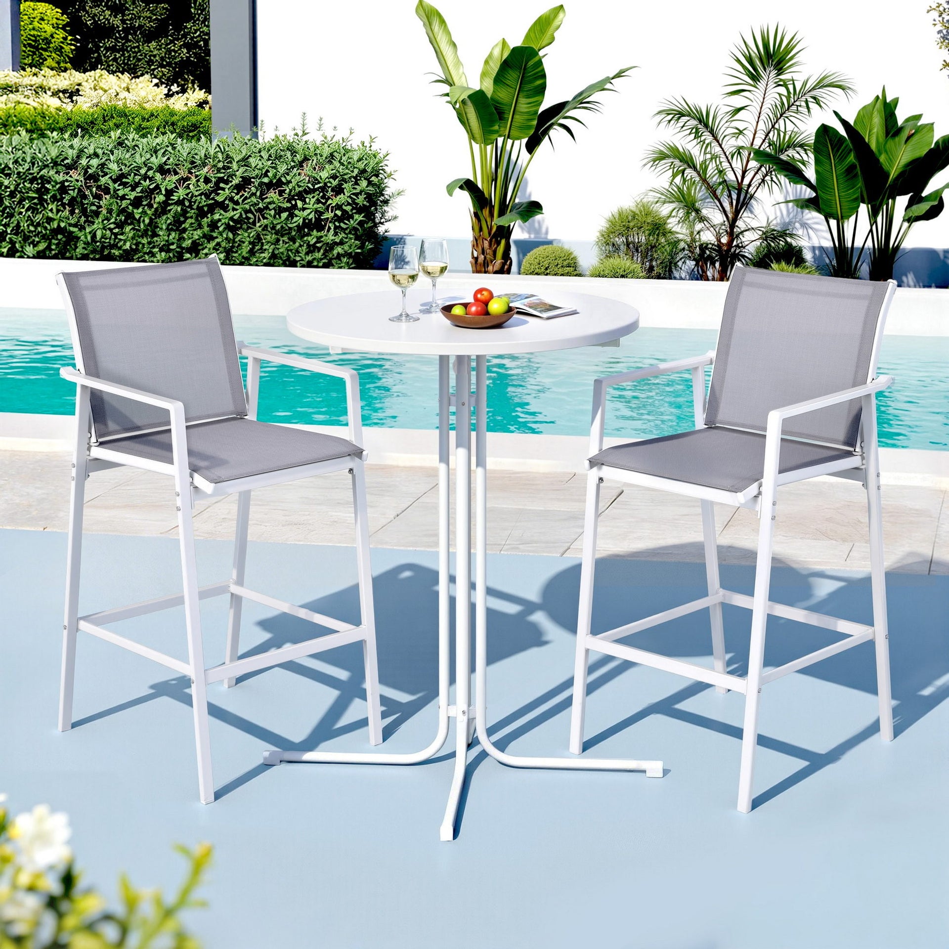 Gardeon 3PC Outdoor Bar Set Stools Dining Chairs Table Patio Furniture Bistro Set Steel White Awezingly