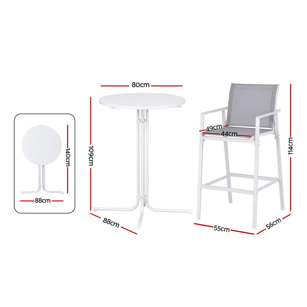 Gardeon 3PC Outdoor Bar Set Stools Dining Chairs Table Patio Furniture Bistro Set Steel White Awezingly