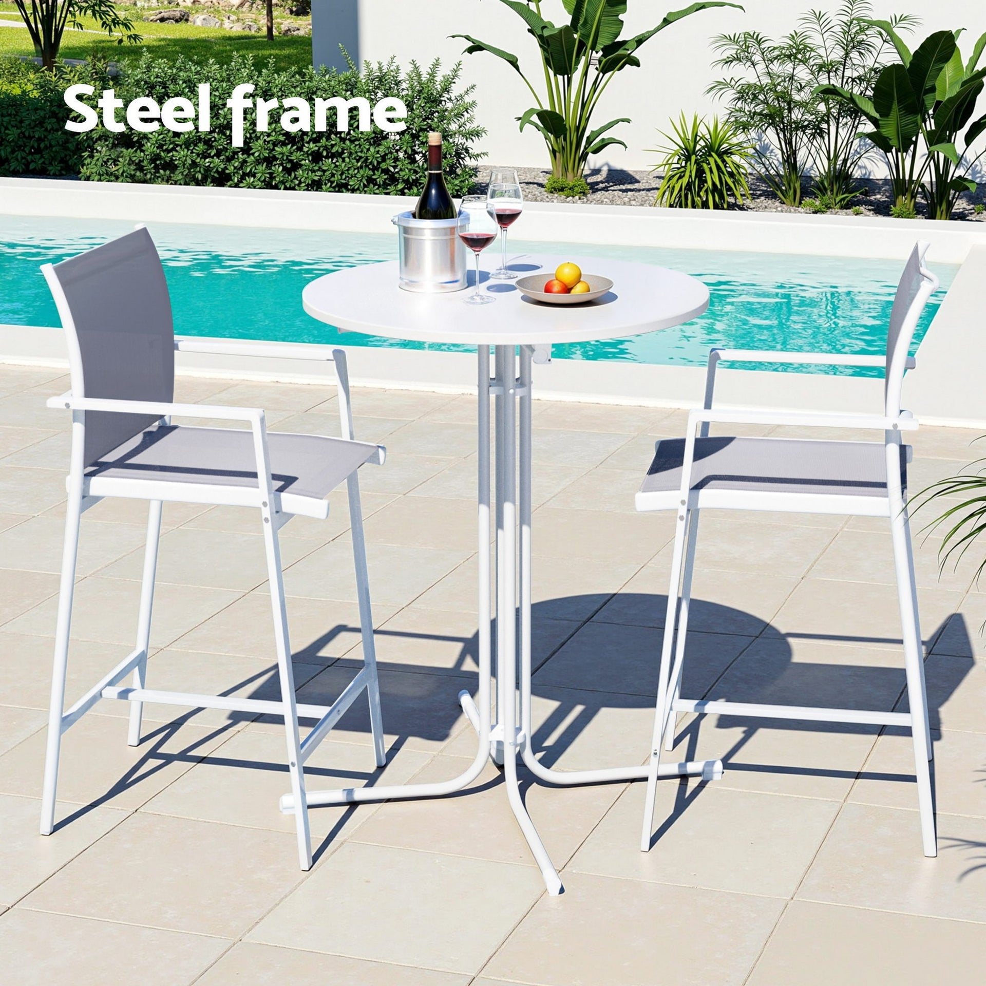 Gardeon 3PC Outdoor Bar Set Stools Dining Chairs Table Patio Furniture Bistro Set Steel White Awezingly
