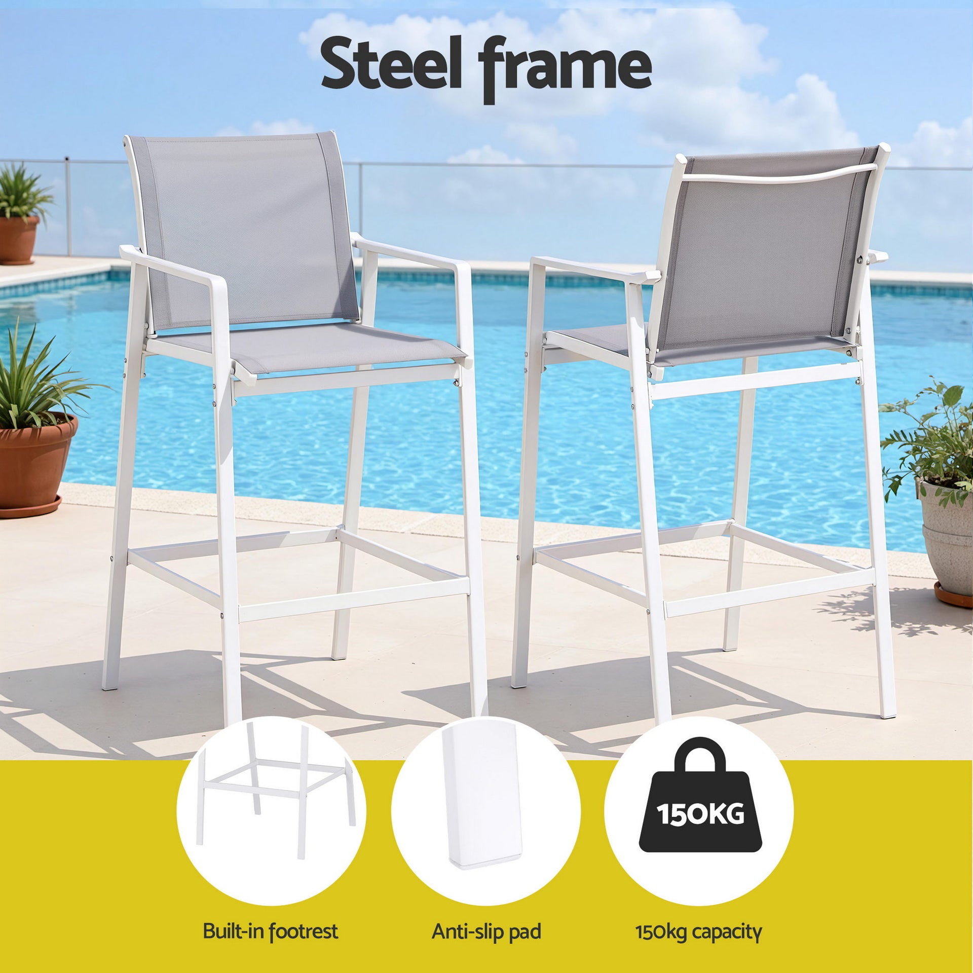 Gardeon 3PC Outdoor Bar Set Stools Dining Chairs Table Patio Furniture Bistro Set Steel White Awezingly