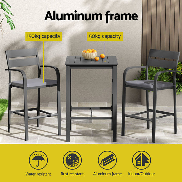 Gardeon 3Pcs Outdoor Bar Set Stools Dining Chairs Table Patio Aluminium Bistro Set Black Awezingly