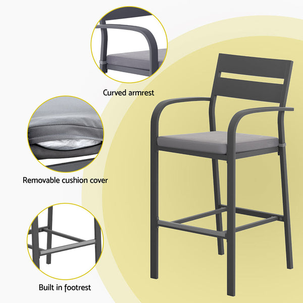 Gardeon 3Pcs Outdoor Bar Set Stools Dining Chairs Table Patio Aluminium Bistro Set Black Awezingly
