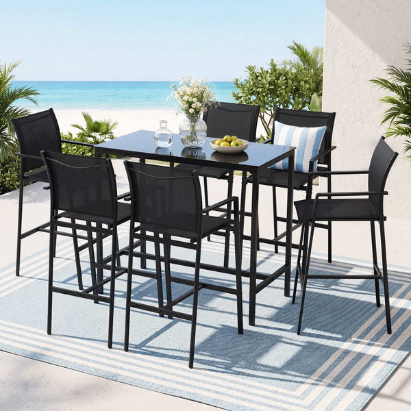 Gardeon 7PCS Outdoor Bar Set Stools Dining Chairs Table Patio Steel Bistro Set Black Gardeon