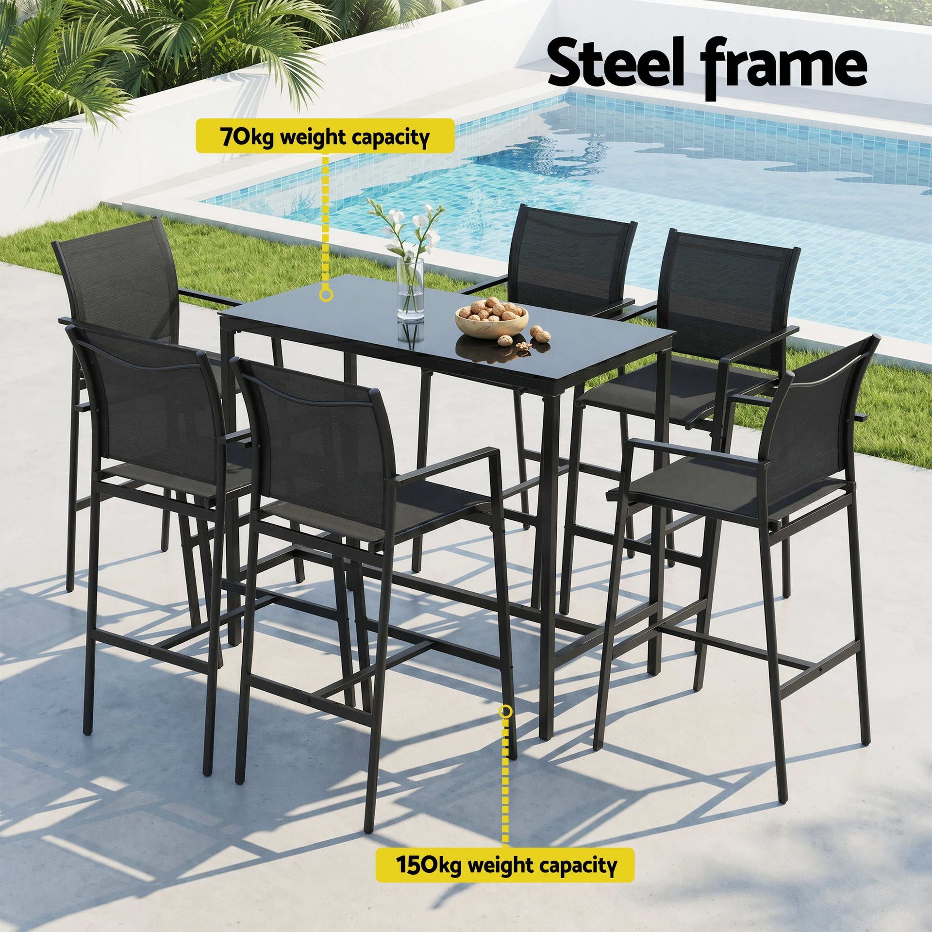 Gardeon 7PCS Outdoor Bar Set Stools Dining Chairs Table Patio Steel Bistro Set Black Gardeon