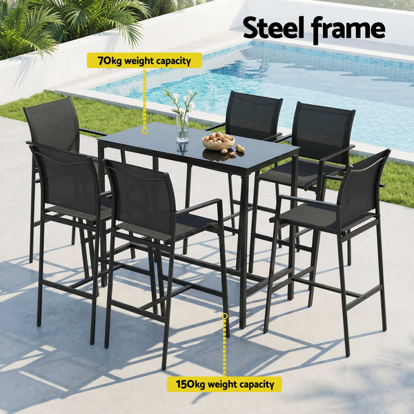 Gardeon 7PCS Outdoor Bar Set Stools Dining Chairs Table Patio Steel Bistro Set Black Gardeon