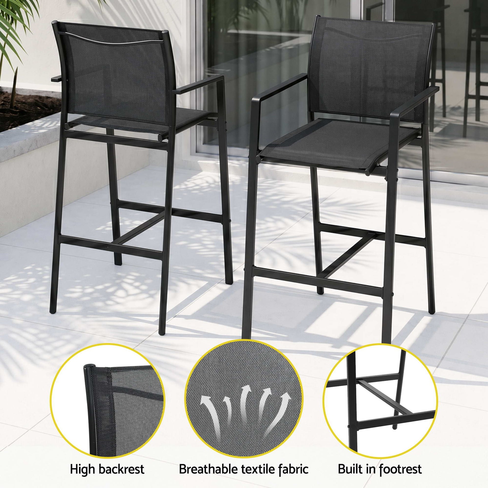 Gardeon 7PCS Outdoor Bar Set Stools Dining Chairs Table Patio Steel Bistro Set Black Gardeon