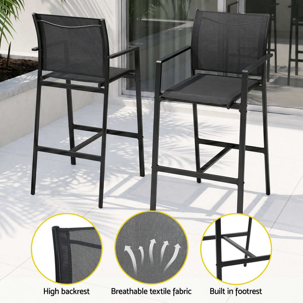 Gardeon 7PCS Outdoor Bar Set Stools Dining Chairs Table Patio Steel Bistro Set Black Gardeon