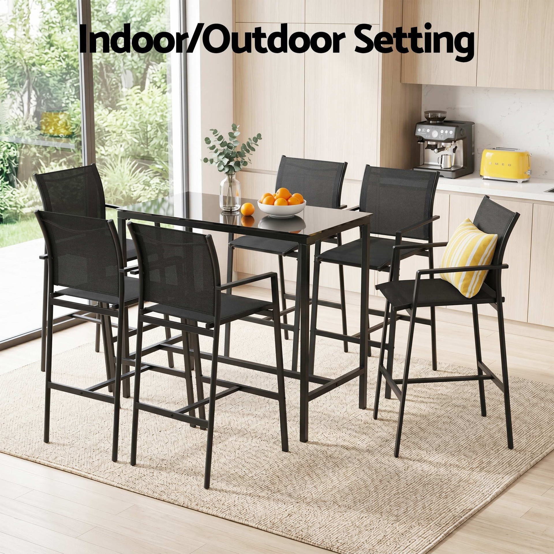 Gardeon 7PCS Outdoor Bar Set Stools Dining Chairs Table Patio Steel Bistro Set Black Gardeon