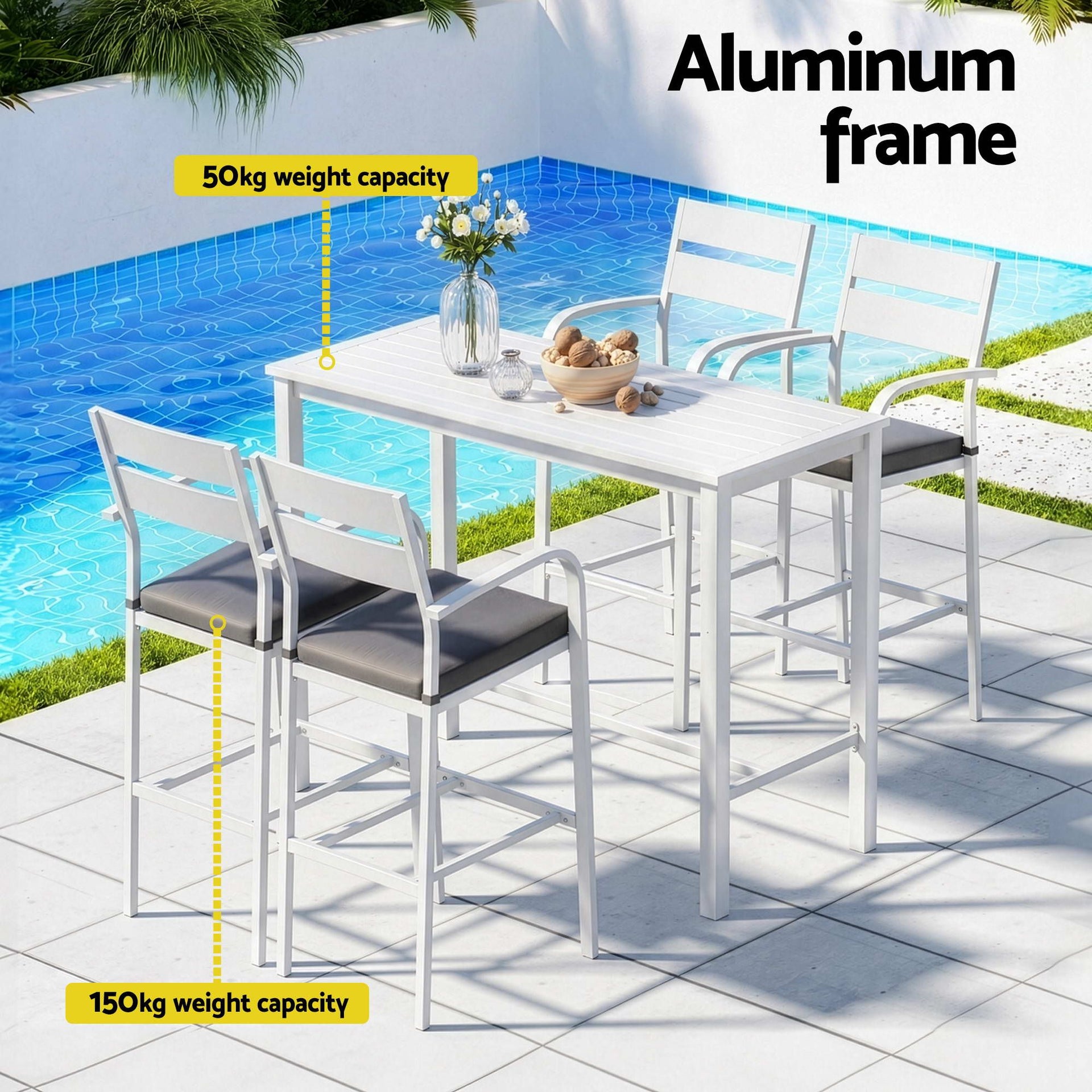 Gardeon Outdoor Bar Set 5-Piece Patio Dining Chairs Aluminium Table Stools White Awezingly