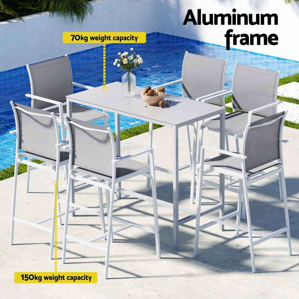 Gardeon 7PCS Outdoor Bar Set Stools Dining Chairs Table Patio Steel Bistro Set White Gardeon