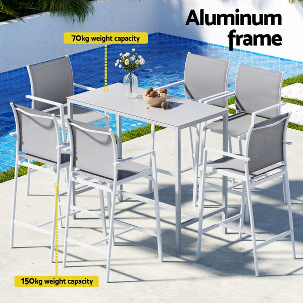 Gardeon 7PCS Outdoor Bar Set Stools Dining Chairs Table Patio Steel Bistro Set White Gardeon