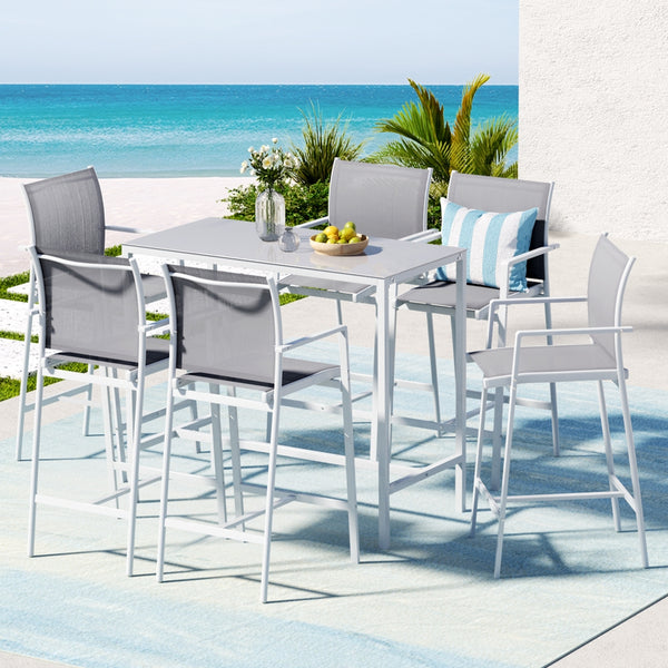 Gardeon 7PCS Outdoor Bar Set Stools Dining Chairs Table Patio Steel Bistro Set White Gardeon