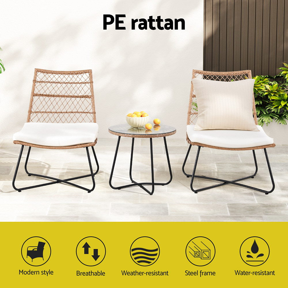 Gardeon 3PC Outdoor Setting Wicker Bistro Set Table Chairs Patio Furniture Brown Gardeon