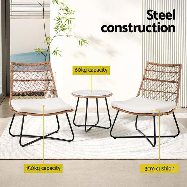 Gardeon 3PC Outdoor Setting Wicker Bistro Set Table Chairs Patio Furniture Brown Gardeon