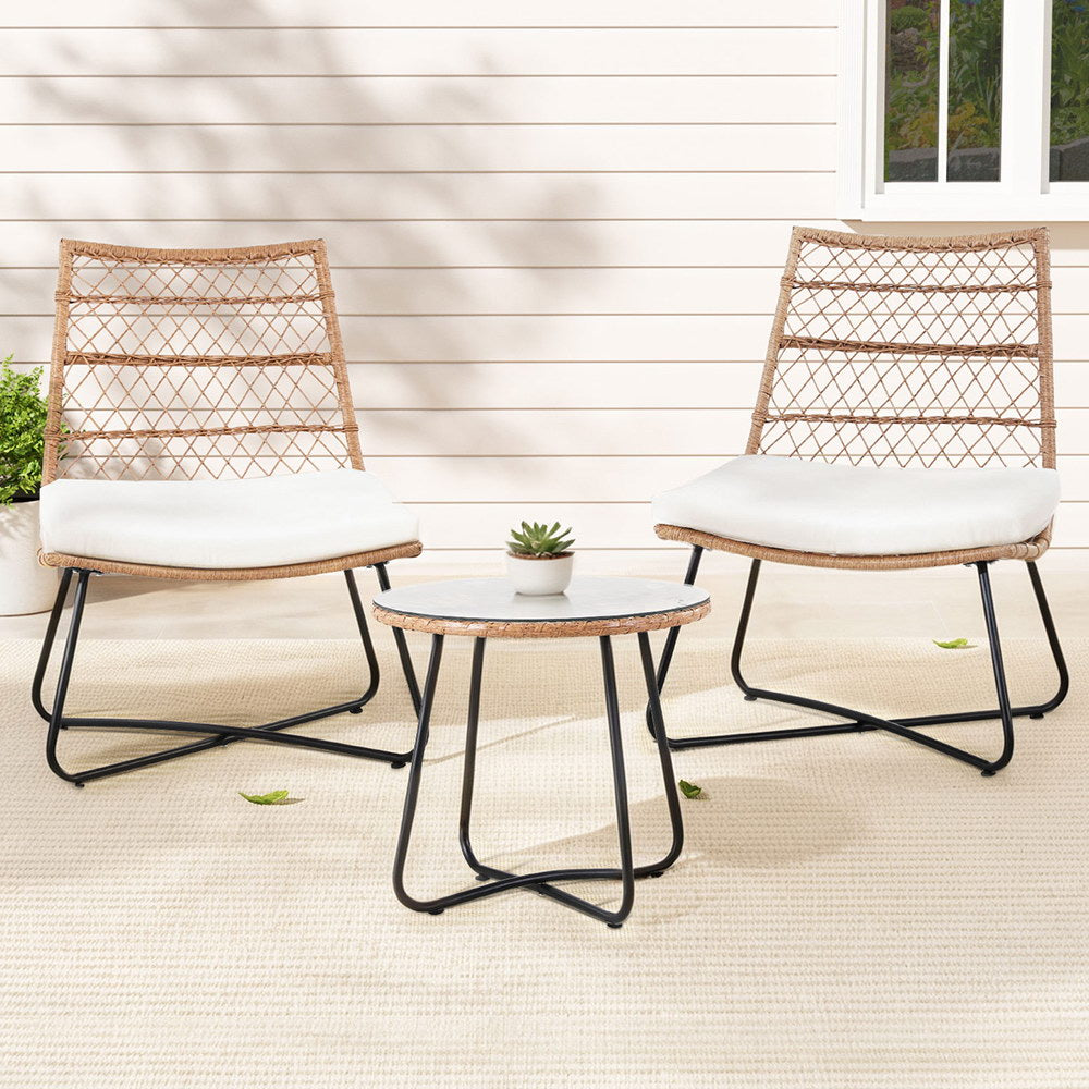 Gardeon 3PC Outdoor Setting Wicker Bistro Set Table Chairs Patio Furniture Brown Gardeon