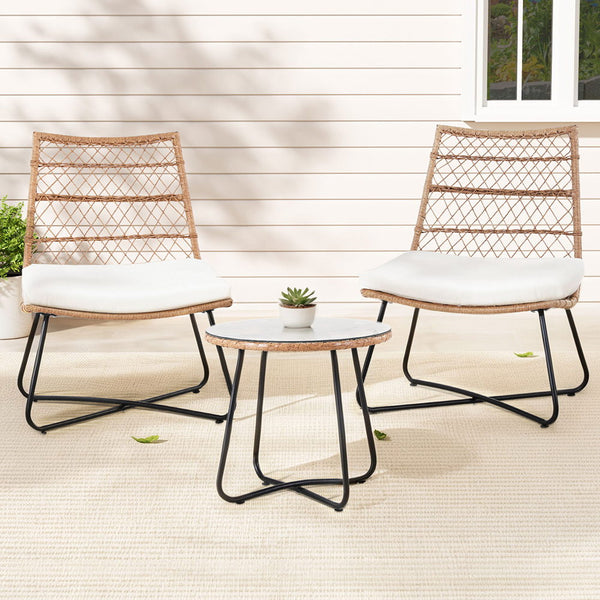 Gardeon 3PC Outdoor Setting Wicker Bistro Set Table Chairs Patio Furniture Brown Gardeon