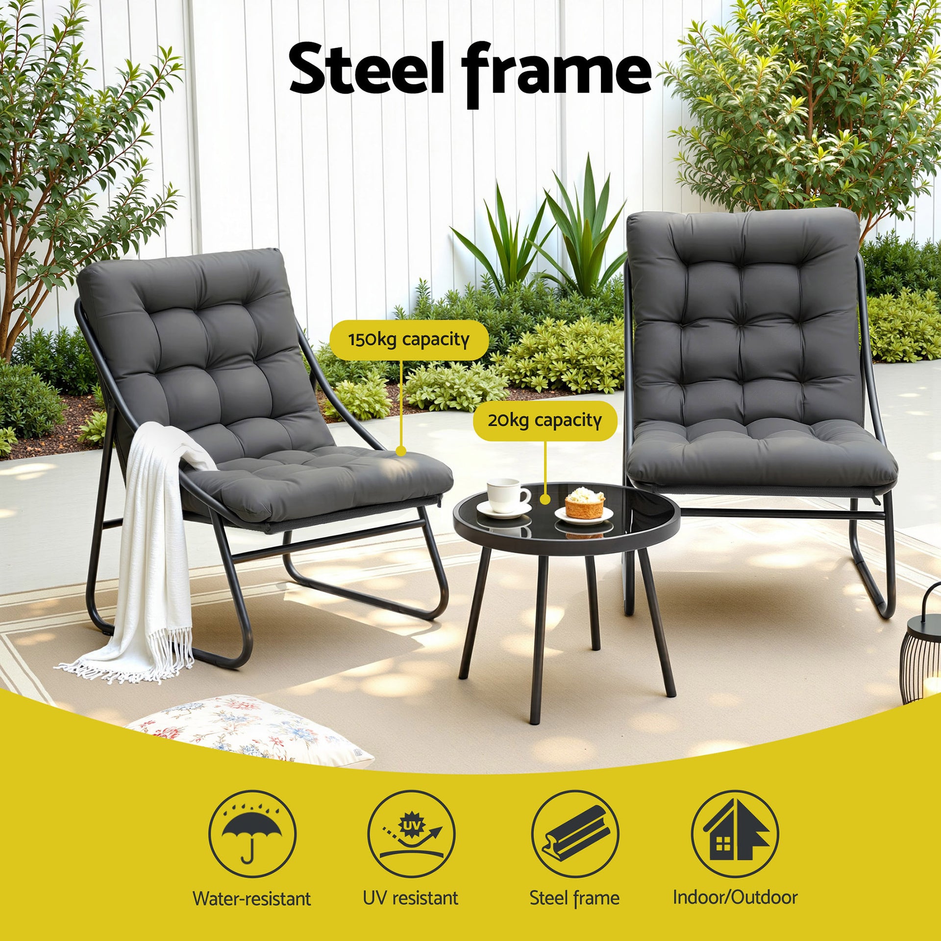 Gardeon 3PC Outdoor Bistro Set Patio Furniture Table and Chairs Steel Dining Chair Awezingly