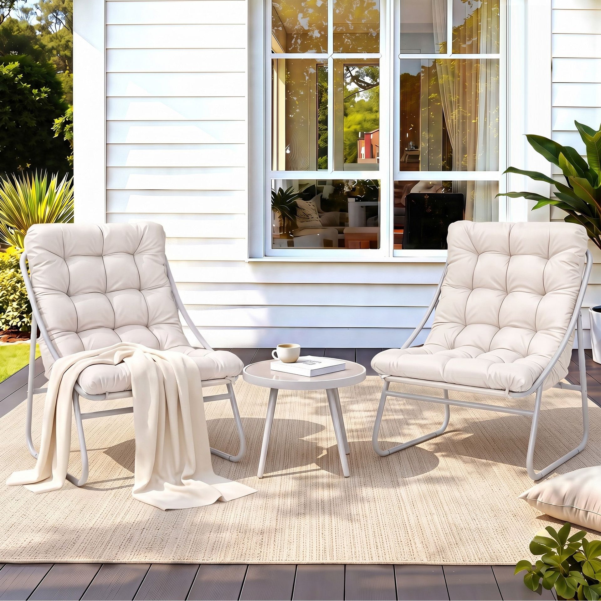 Gardeon 3PC Outdoor Bistro Set Patio Furniture Table and Chairs Steel Dining Chair Khaki Awezingly