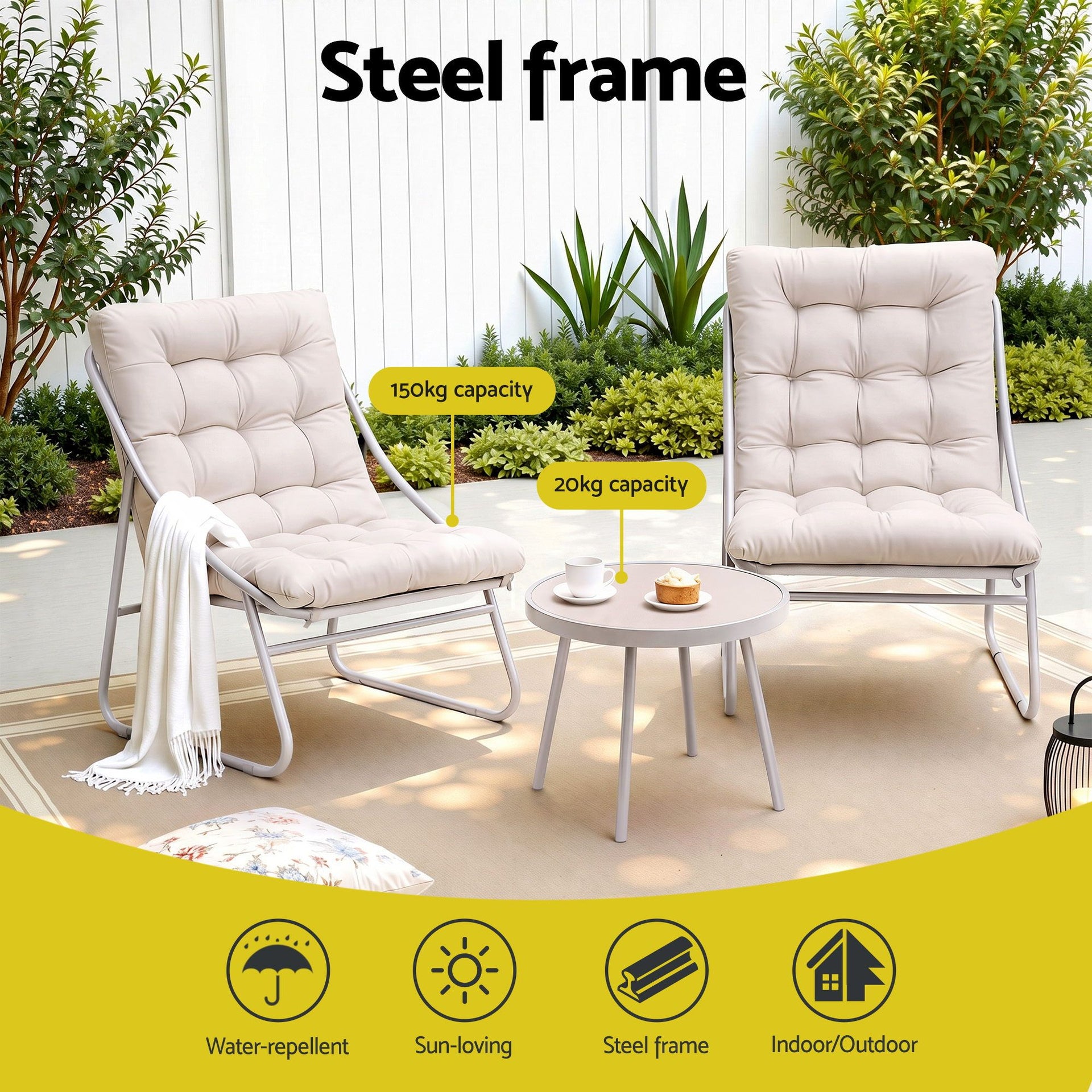 Gardeon 3PC Outdoor Bistro Set Patio Furniture Table and Chairs Steel Dining Chair Khaki Awezingly