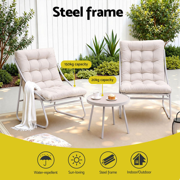 Gardeon 3PC Outdoor Bistro Set Patio Furniture Table and Chairs Steel Dining Chair Khaki Awezingly