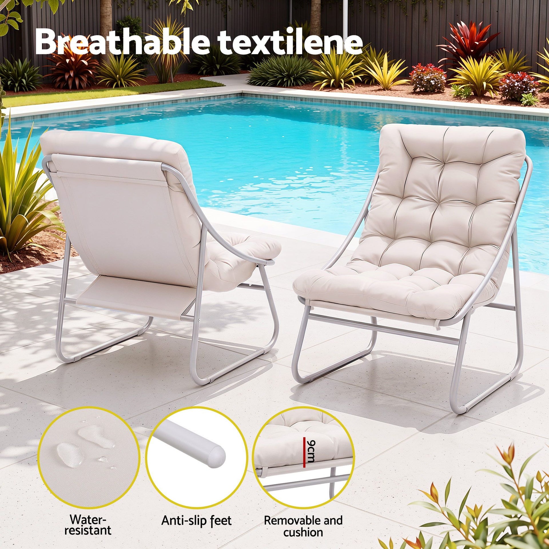 Gardeon 3PC Outdoor Bistro Set Patio Furniture Table and Chairs Steel Dining Chair Khaki Awezingly