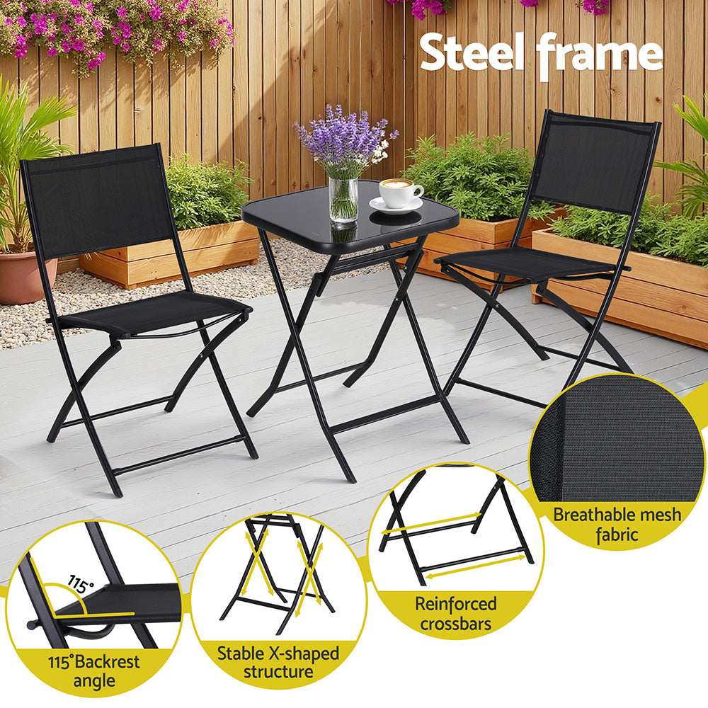 Gardeon Outdoor Bistro Set Folding Table and Chairs Patio Furniture Garden Steel Black Gardeon