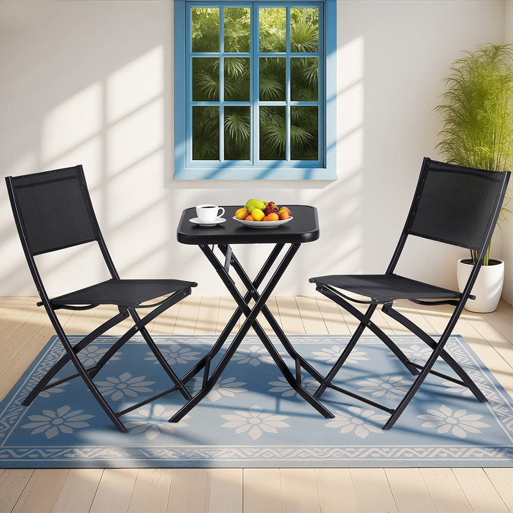 Gardeon Outdoor Bistro Set Folding Table and Chairs Patio Furniture Garden Steel Black Gardeon