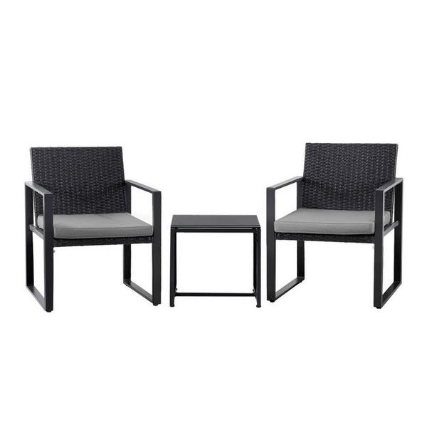 Gardeon 3PC Outdoor Bistro Set Patio Furniture Wicker Dining Chairs Table Cushion Black Awezingly