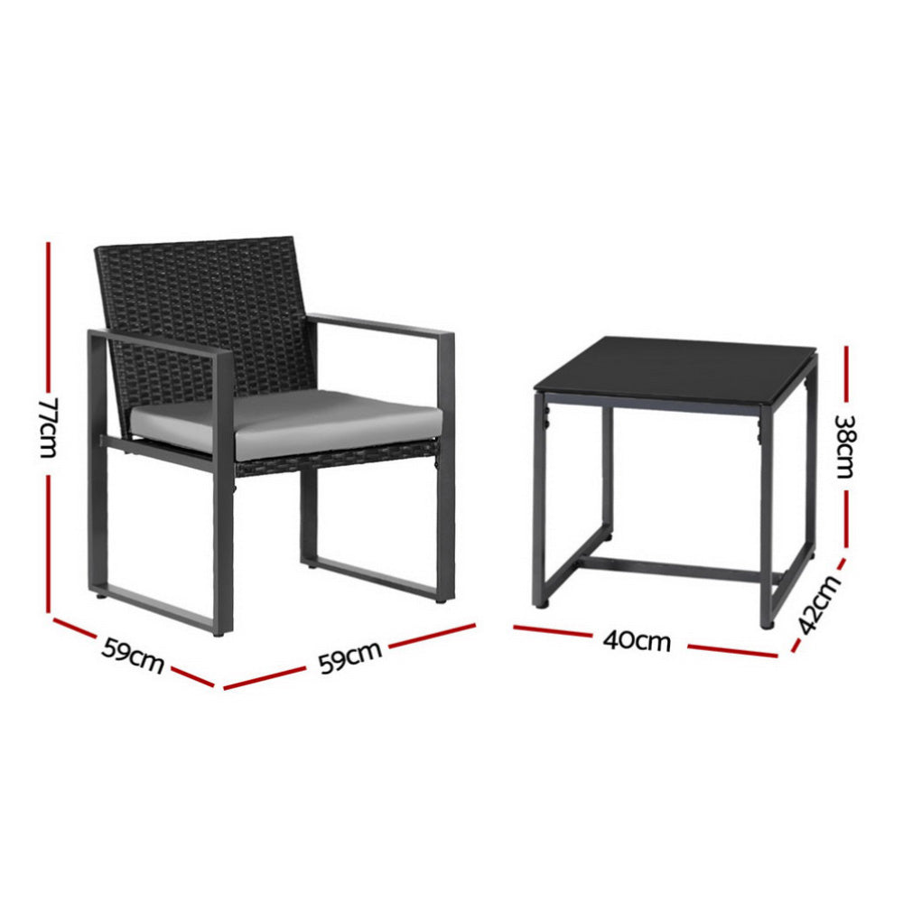 Gardeon 3PC Outdoor Bistro Set Patio Furniture Wicker Dining Chairs Table Cushion Black Awezingly