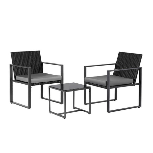 Gardeon 3PC Outdoor Bistro Set Patio Furniture Wicker Dining Chairs Table Cushion Black Awezingly