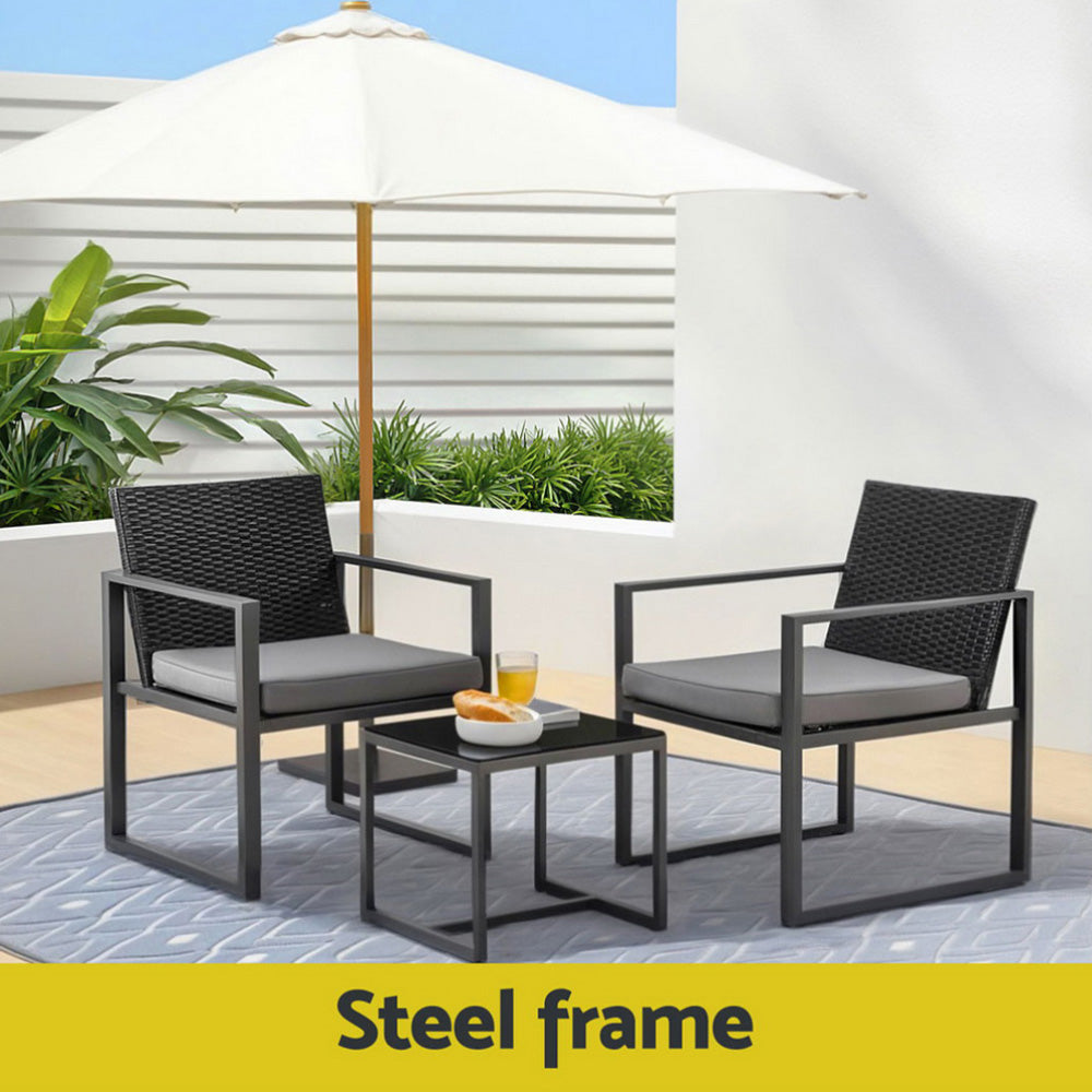 Gardeon 3PC Outdoor Bistro Set Patio Furniture Wicker Dining Chairs Table Cushion Black Awezingly