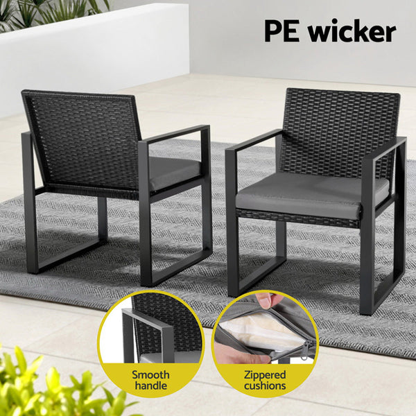 Gardeon 3PC Outdoor Bistro Set Patio Furniture Wicker Dining Chairs Table Cushion Black Awezingly