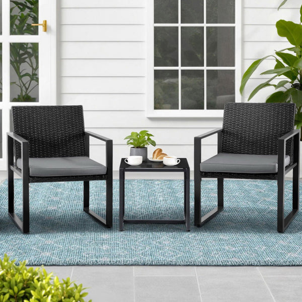 Gardeon 3PC Outdoor Bistro Set Patio Furniture Wicker Dining Chairs Table Cushion Black Awezingly
