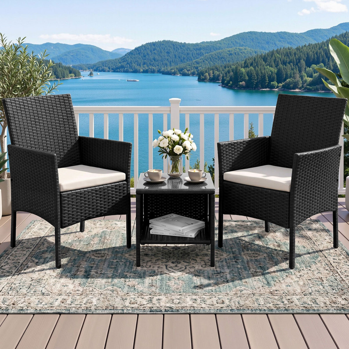 Gardeon 3 Piece Wicker Outdoor Furniture Set - Black Gardeon